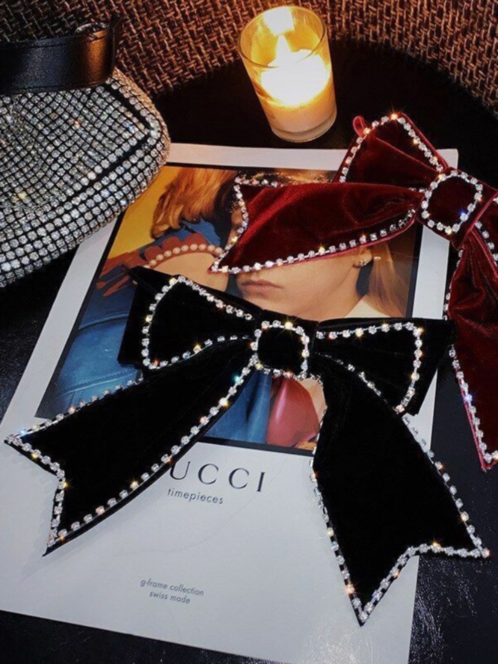 1pc Elegant Ribbon Bow Hairpins Crystal Velvet Clip Barrettes